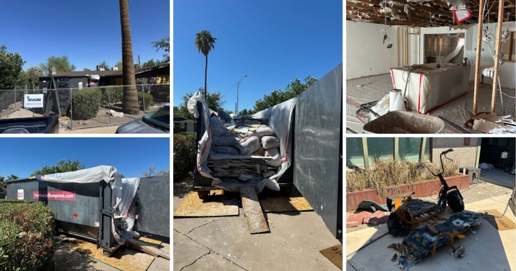 Real Scottsdale fire-restoration jobsite with DX dumpsters and interior demolition debris